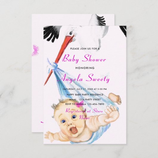 Stork met Baby shower Invitation Voorbeeld Kaart (Voorkant / Achterkant)