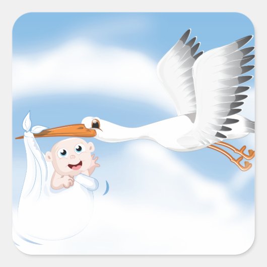 Stork met nieuw geboren baby vierkante sticker (Voorkant)