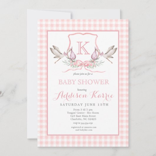 Stork Monogram Crest Baby shower Invitation Kaart (Voorkant)