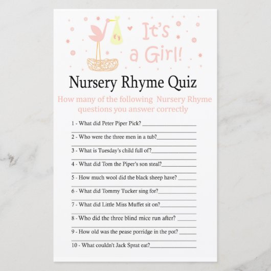 Stork nest Nursery Rhyme Quiz baby shower game (Voorkant)