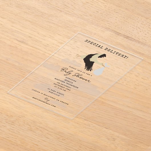 Stork Pasgeboren Baby Boy Girl Baby shower Acryl Uitnodigingen (Laagn)