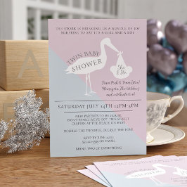 Stork Pink en Blue Twin Baby shower Invitation Kaart