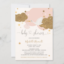 Stork Pink en Gold Glitter Girl Baby shower