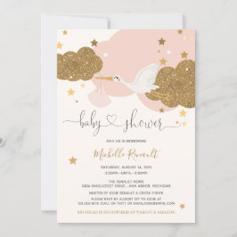 Stork Pink en Gold Glitter Girl Baby shower Kaart