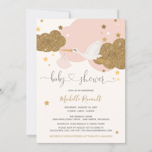 Stork Pink en Gold Glitter Girl Baby shower Kaart
