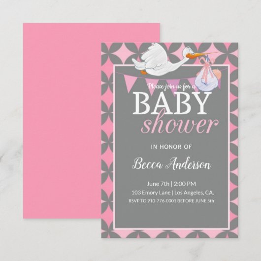 Stork | Roze Baby shower Kaart (Voorkant / Achterkant)