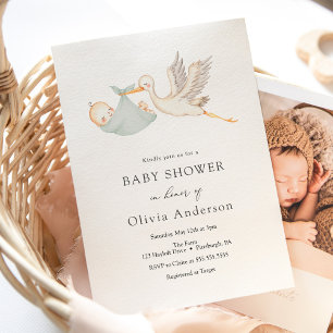 Stork Sage Green Baby shower Invitation Kaart