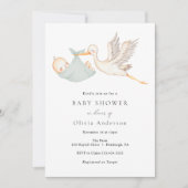 Stork Sage Green Baby shower Invitation Kaart (Voorkant)
