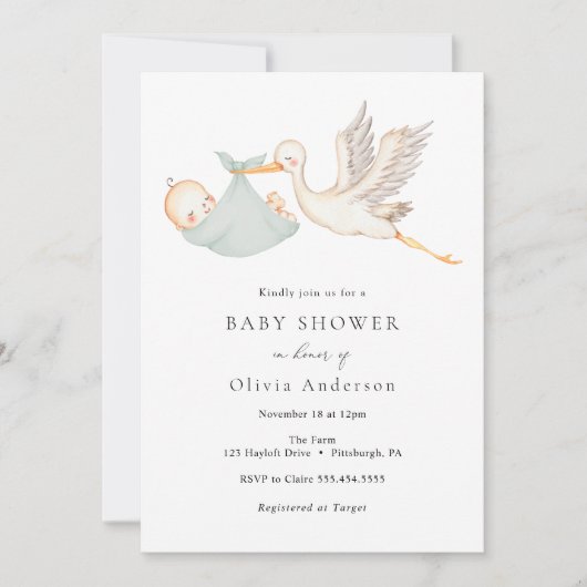 Stork Sage Green Baby shower Invitation Kaart (Voorkant)
