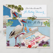 STORK, SHAMROCKS BOY BABY SHOWER BIRTY STATS KAART (Voorkant / Achterkant)