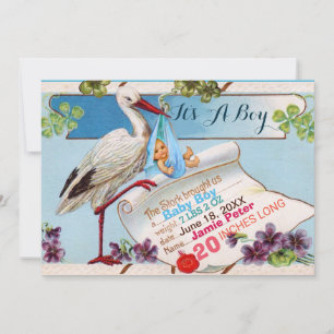 STORK, SHAMROCKS BOY BABY SHOWER BIRTY STATS KAART