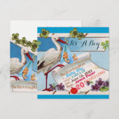 STORK, SHAMROCKS BOY BABY SHOWER BIRTY STATS KAART (Voorkant / Achterkant)