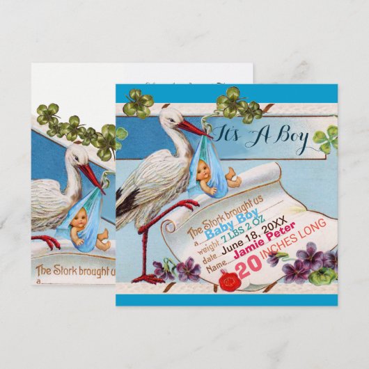 STORK, SHAMROCKS BOY BABY SHOWER BIRTY STATS KAART (Voorkant / Achterkant)