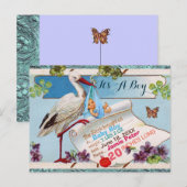 STORK, SHAMROCKS BOY BABY SHOWER BIRTY STATS UITNODIGING BRIEFKAART (Voorkant / Achterkant)