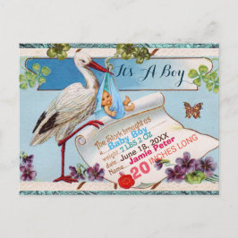 STORK, SHAMROCKS BOY BABY SHOWER BIRTY STATS UITNODIGING BRIEFKAART