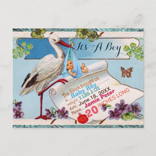STORK, SHAMROCKS BOY BABY SHOWER BIRTY STATS UITNODIGING BRIEFKAART (Voorkant)