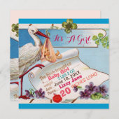 STORK, SHAMROCKS GiRL BABY SHOWER BIRTH STATS Kaart (Voorkant / Achterkant)