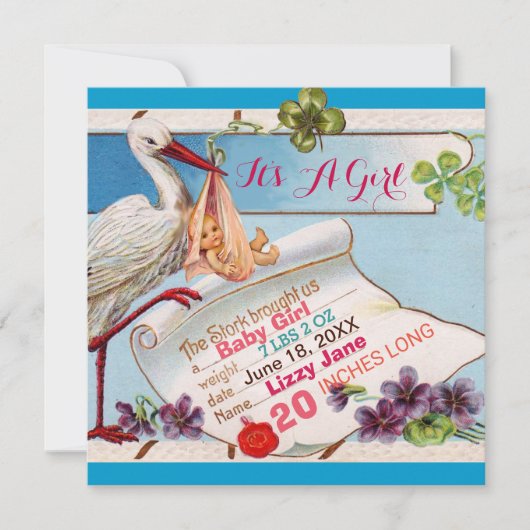 STORK, SHAMROCKS GiRL BABY SHOWER BIRTH STATS Kaart (Voorkant)