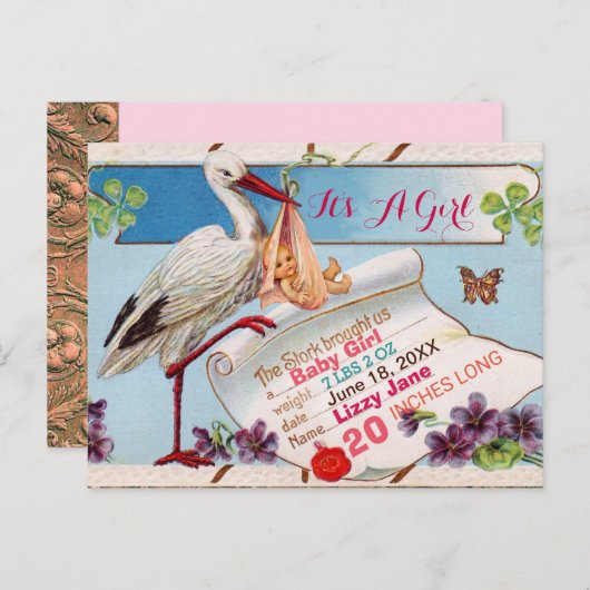 STORK, SHAMROCKS GiRL BABY SHOWER BIRTH STATS Uitnodiging Briefkaart (Voorkant / Achterkant)