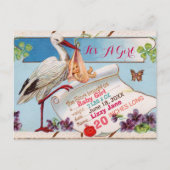 STORK, SHAMROCKS GiRL BABY SHOWER BIRTH STATS Uitnodiging Briefkaart (Voorkant)
