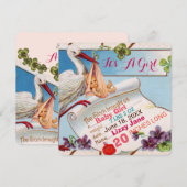 STORK, SHAMROCKS GiRL BABY SHOWER BIRTH STATUS Kaart (Voorkant / Achterkant)