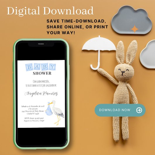 Stork Spaans Baby shower Dusty Blue QR Code Gift Kaart