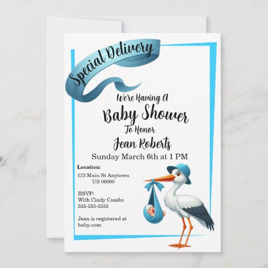Stork Special Delivery Baby shower Invitation Kaart (Voorkant)