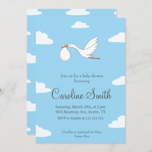 Stork Special Delivery Baby shower Invitation Kaart (Voorkant / Achterkant)