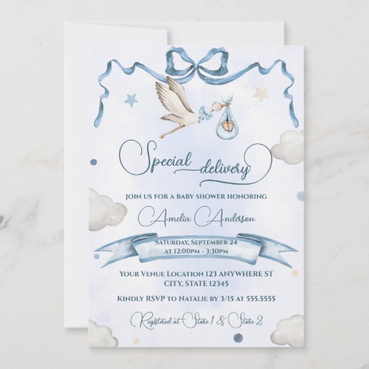 Stork Special Delivery Ribbon Bow Baby shower Kaart (Voorkant)