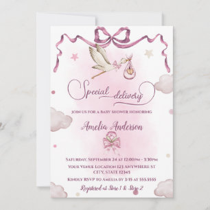Stork Special Delivery Ribbon Bow Baby shower Kaart