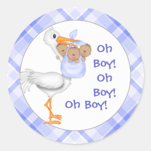 Stork & Triplet Boys (donkere huid) Baby Aankondig Ronde Sticker