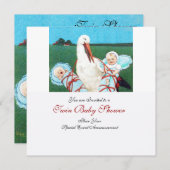 STORK TWIN BABY BOY SHOWER, blauwgroen blauw Kaart (Voorkant / Achterkant)