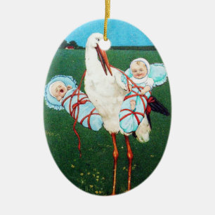 STORK TWIN BABY BOY SHOWER, blauwgroen blauw Keramisch Ornament