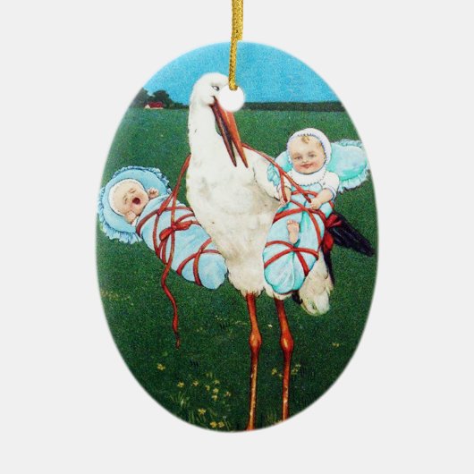 STORK TWIN BABY BOY SHOWER, blauwgroen blauw Keramisch Ornament (Voorkant)