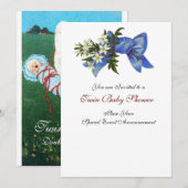STORK TWIN BABY BOY SHOWER Blue White Invitation Kaart (Voorkant / Achterkant)
