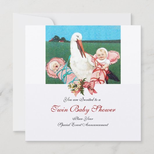 STORK TWIN BABY GIRL SHOWER, champagne metallic Kaart (Voorkant)
