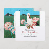 STORK TWIN BABY GIRL SHOWER, champagne metallic Kaart (Voorkant / Achterkant)