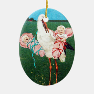STORK TWIN BABY GIRL SHOWER KERAMISCH ORNAMENT