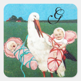 STORK TWIN BABY GIRL SHOWER MONOGRAM VIERKANTE STICKER