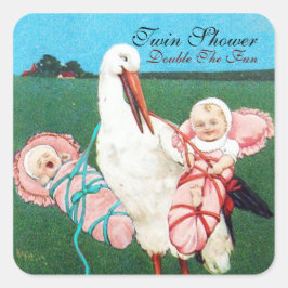 STORK TWIN BABY GIRL SHOWER VIERKANTE STICKER