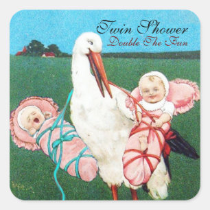 STORK TWIN BABY GIRL SHOWER VIERKANTE STICKER