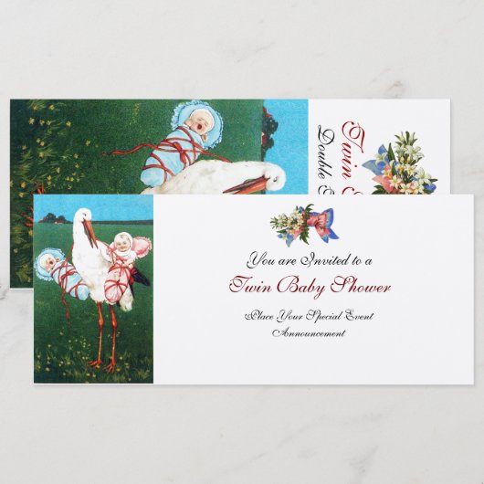 STORK TWIN BABY SHOWER, champagne metallic Kaart (Voorkant / Achterkant)