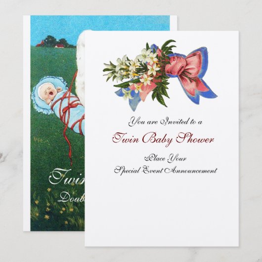 STORK TWIN BABY SHOWER, champagne metallic Kaart (Voorkant / Achterkant)