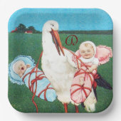 STORK TWIN BABY SHOWER MONOGRAM PAPIEREN BORDJE (Voorkant)