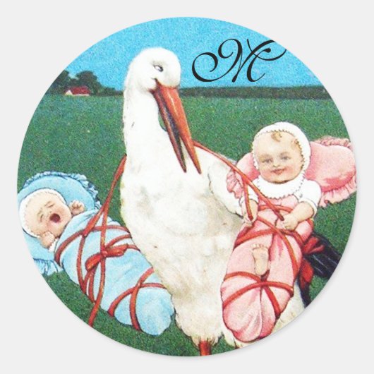STORK TWIN BABY SHOWER MONOGRAM RONDE STICKER (Voorkant)