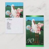 STORK TWIN BABY SHOWER MONOGRAM, wit parelpapier Visitekaartje (Voorkant / Achterkant)