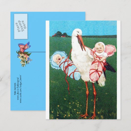 STORK TWIN BABY SHOWER, roze, Blauwgroen blauw Uitnodiging Briefkaart (Voorkant / Achterkant)
