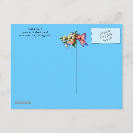 STORK TWIN BABY SHOWER, roze, Blauwgroen blauw Uitnodiging Briefkaart (Achterkant)