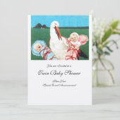 STORK TWIN BABY SHOWER Roze witte uitnodiging (Staand voorkant)