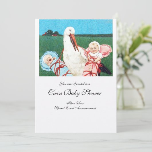 STORK TWIN BABY SHOWER Roze witte uitnodiging (Staand voorkant)
